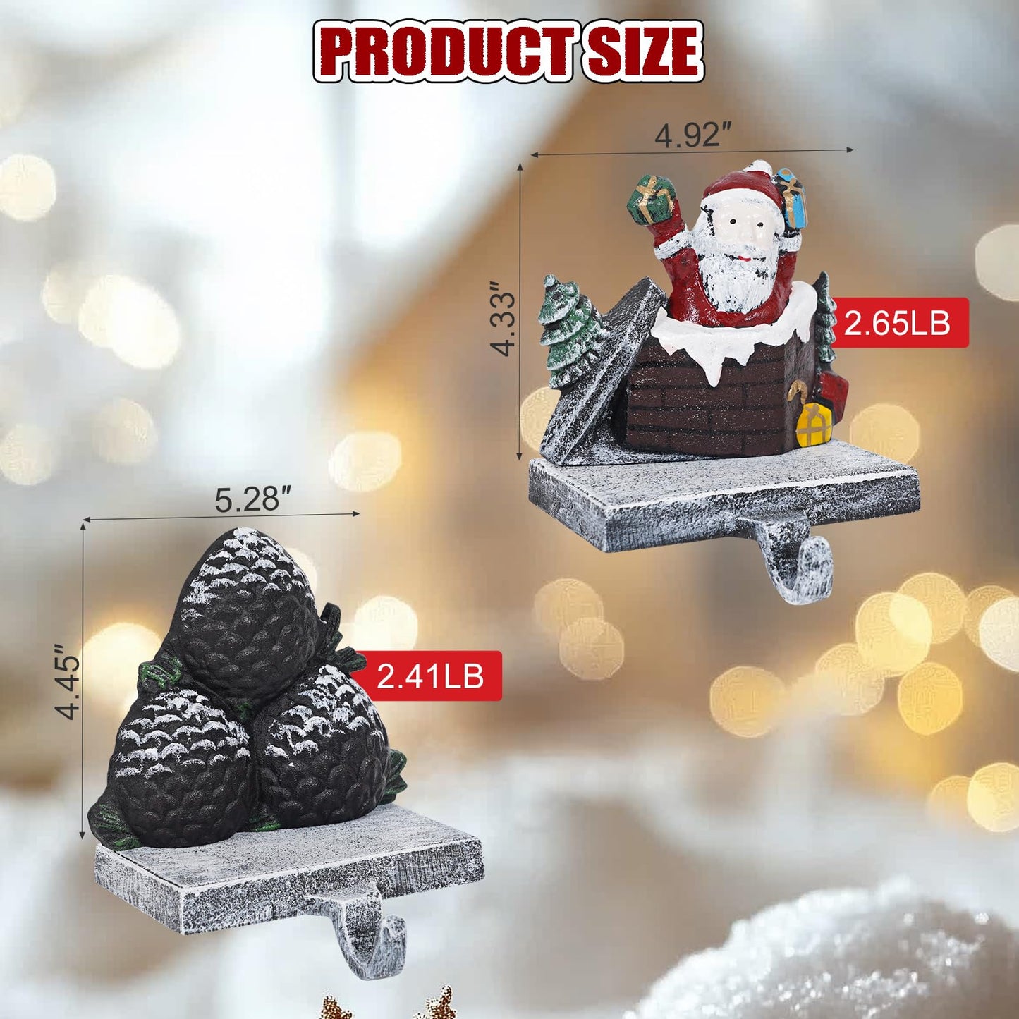 IGOHEALS Stocking Holders for Mantle – 3D Christmas Stocking Holder Heavy Duty Cast Iron Garland Hangers for Mantel with Non-Slip Base | Xmas Decor, Sturdy Fireplaces Hook (Pine Cone and Santa)