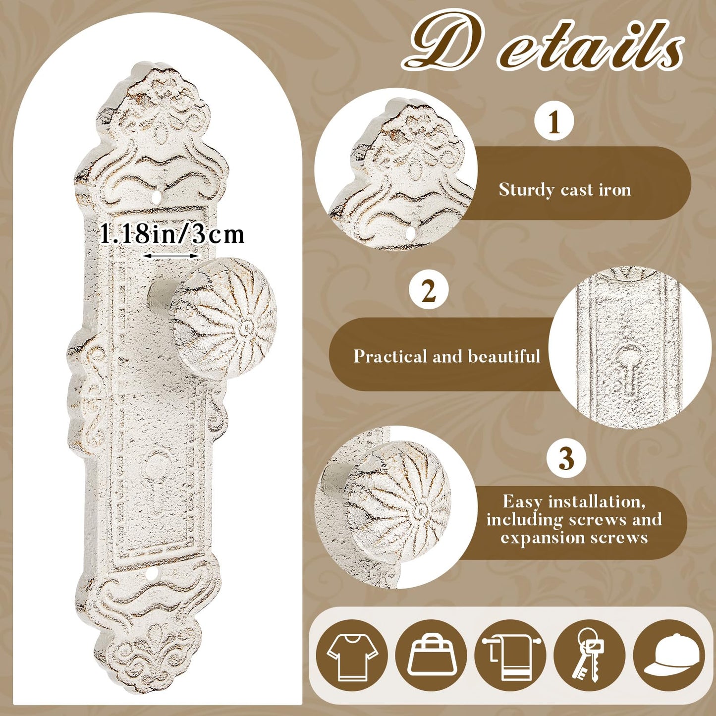 GlikCeil 4 Pcs Shabby Chic Hooks Decorative Wall Mounted with Screws and Anchors, Rustic White Cast Iron Hooks Door Knob Shabby Chic Country Decor for Coat Hats Bags Scarves Hallway Kitchen (Rustic)