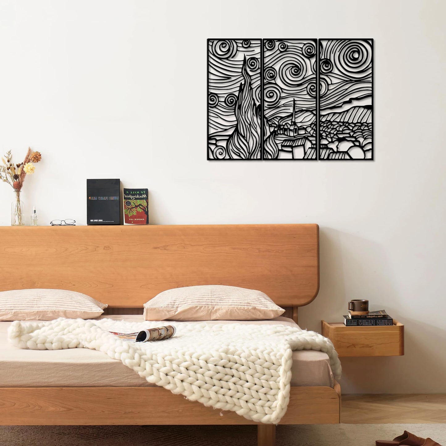 Slickss Starry Night Wall Art Metal,Black Van Gogh Wall Decor-Modern Laser Cut Steel Panel for Living Room, Office, Bedroom-Unique Industrial Home Artwork
