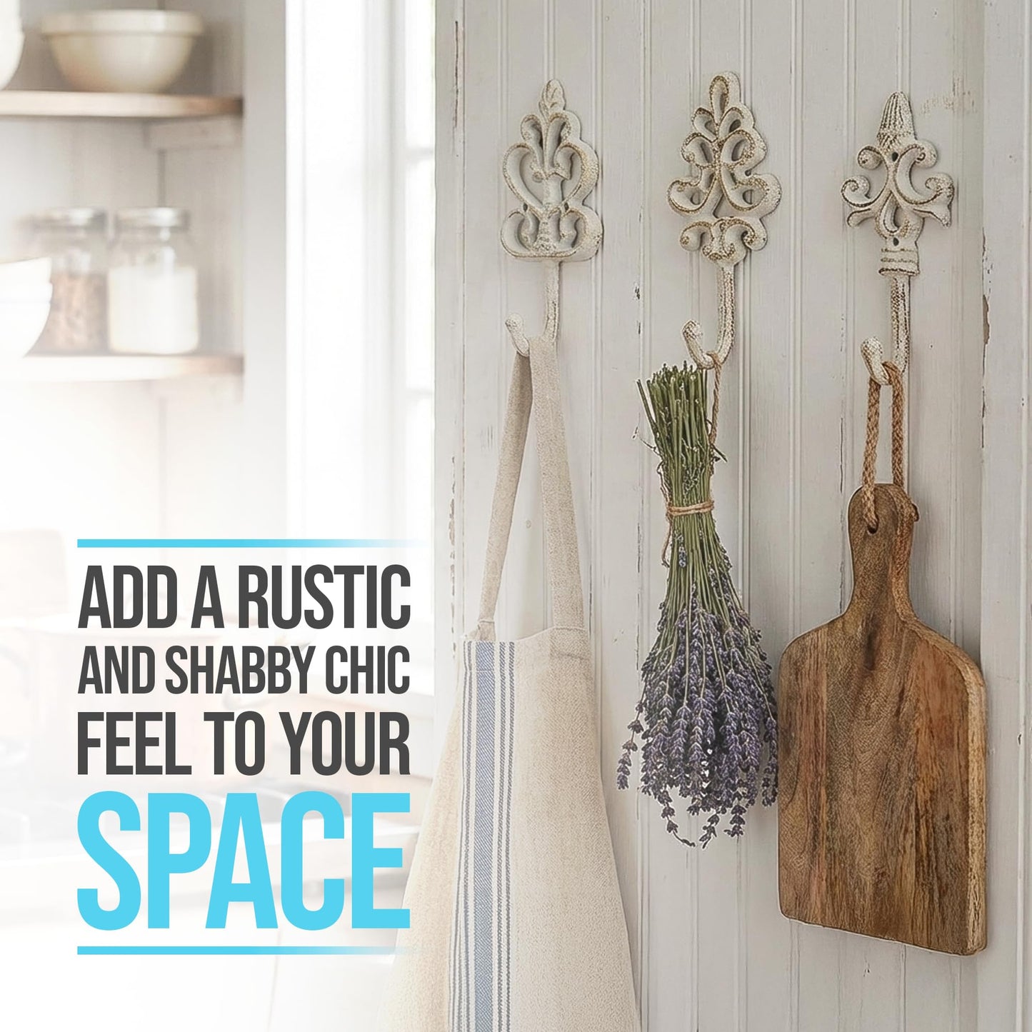 Comfify Shabby Chic Decorative Wall Hooks - Set of 3 - Cast Iron French Country Wall Decor - Farmhouse Hangers for Coats, Purses and More - Rustic White