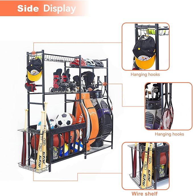 WALMANN Garage Sports Equipment Organizer, Golf Bag Stand for Garage Ball Storage Rack Indoor/Outdoor Kids Toys Storage Organizer Bins, Ball Holder with Baskets