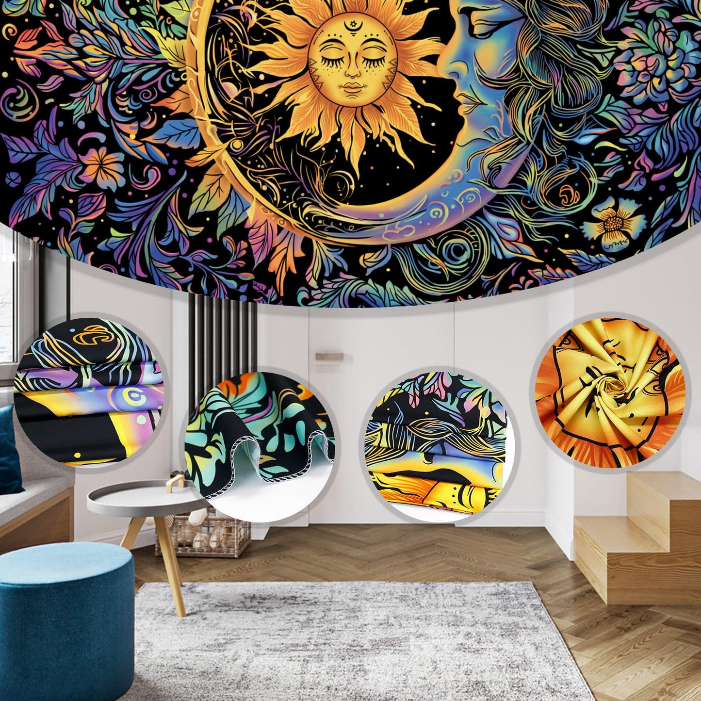 Sun and Moon Tapestry Psychedelic Mystic Floral Tapestry Hippie Boho Flower Plants Wall Tapestries Vintage Aesthetic Tapestries Wall Hanging for Bedroom