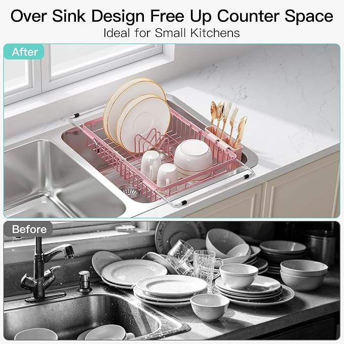 JASIWAY Pink Expandable Stainless Steel Dish Drying Rack Over The Sink for Small Kitchen, Counter Space Saving Compact Plate Drainer Strainer, Adjustable Hanging Metal Dish Dryer with Utensil Holder