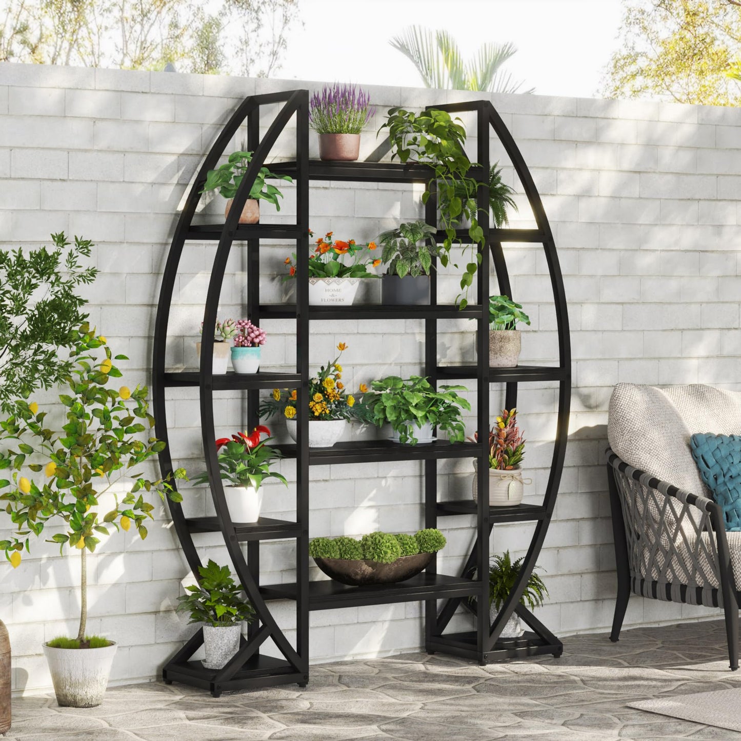 Tribesigns Curved Plant Stand Indoor, 8 Tiered Large Metal Plant Shelf, 69" Tall Industrial Flower Pot Stand Display Rack for Indoor Living Room, Balcony, Patio (Black)