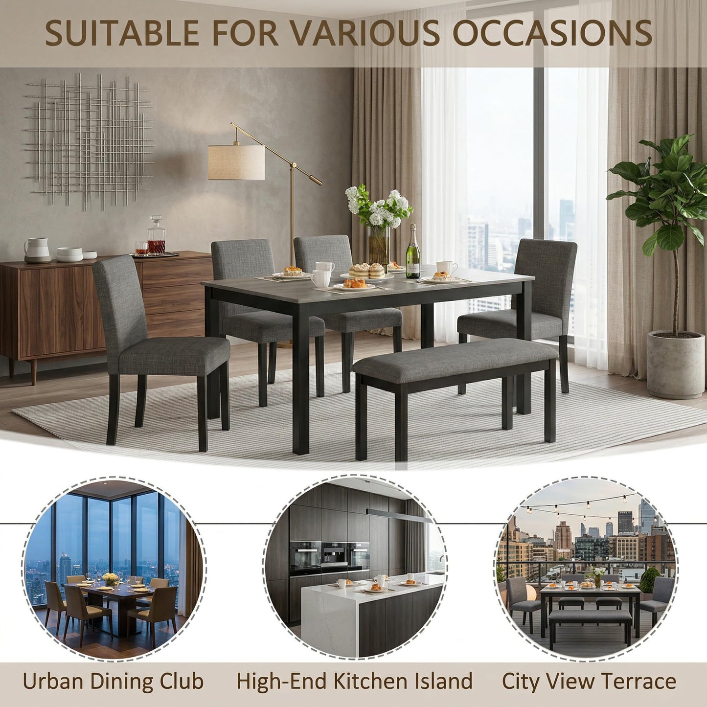 Casaphoria 6-Piece Dining Table Set with Bench and 4 Upholstered Chairs, Modern Wood Kitchen Table Set for 6, Rectangular Furniture for Dining Room, Home Gatherings, Light Grey & Black