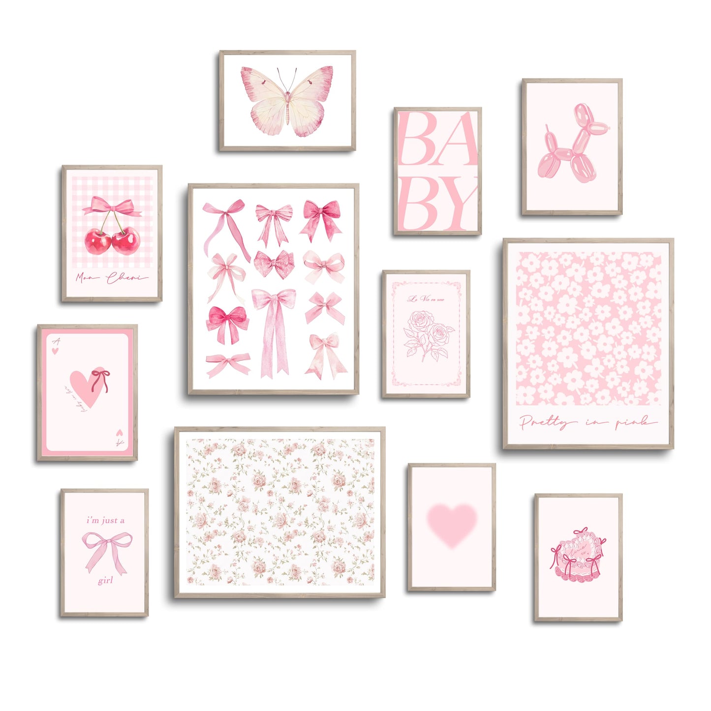 TwoDays Pink Coquette Room Decor Aesthetic, Light Pink Bows Wall Art Posters, Trendy Pictures for Girls Dorm, Funky Girly Prints for Bedroom. (Multi Sizes, 8" X 10" Largest, Set of 12, UNFRAMED)