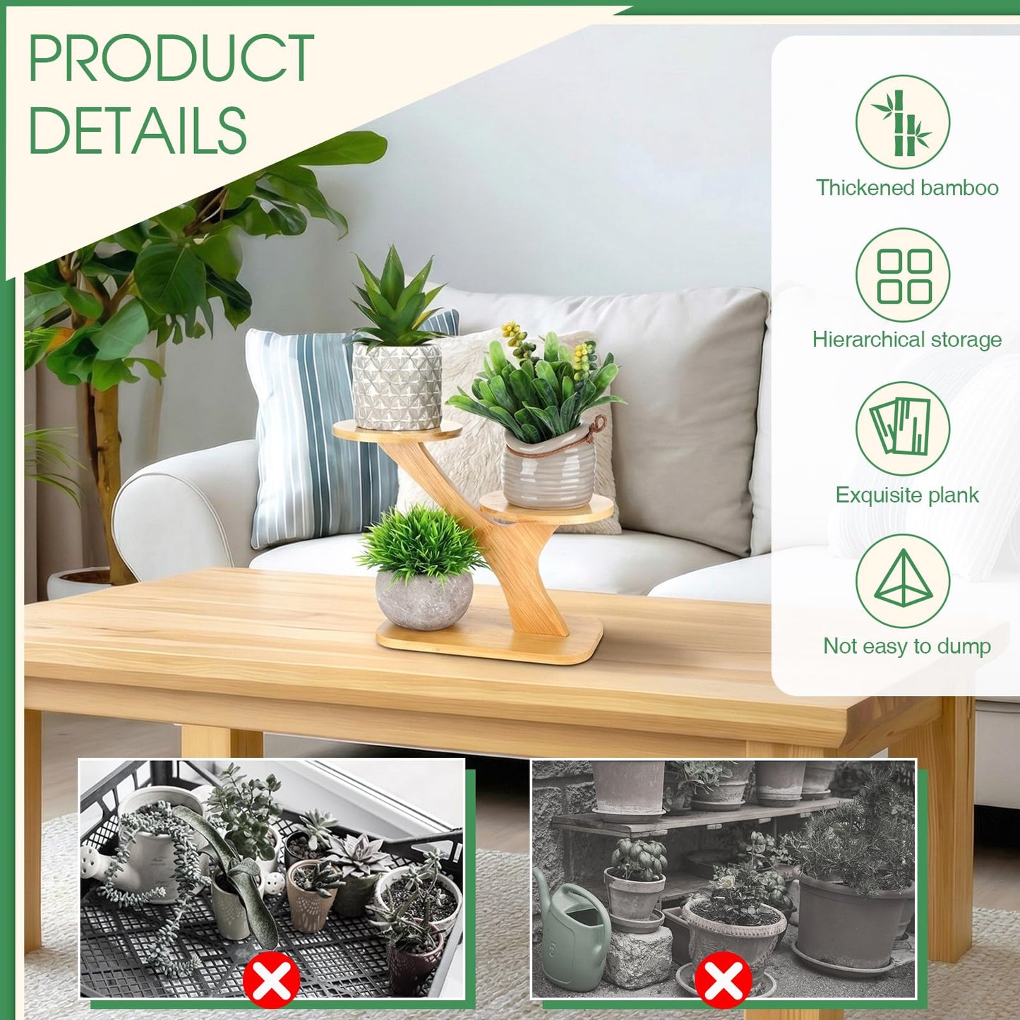 Ferrochef 4 Pcs Bamboo Plant Stand for Indoor 3 Tiers Succulent Windowsill Shelf Small Tabletop Plant Flower Holders for Home Garden Patio Lover Gift Office Living Room Bedroom Decoration