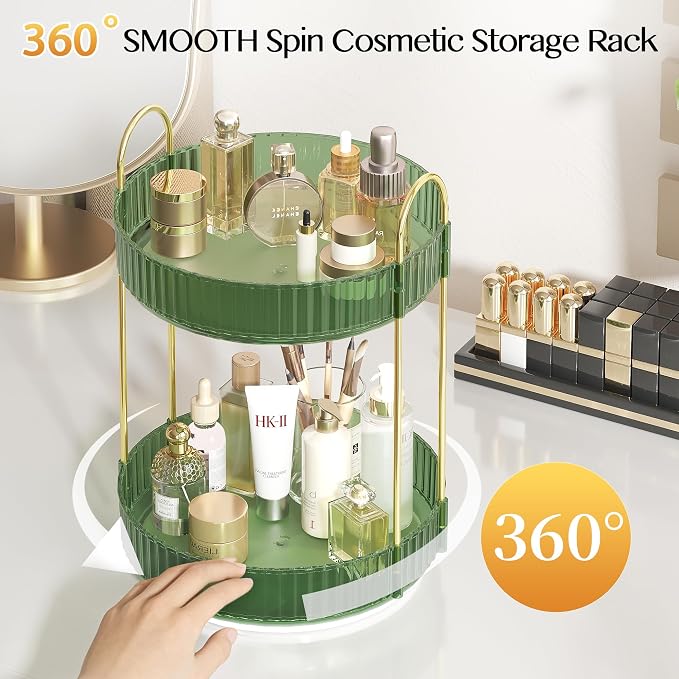 Rotating Makeup Organizer Countertop,Skincare Organizers,Spinning Perfume Tray Stand,Makeup Storage Organizer for Vanity,Bathroom Organizer and Storage,Lazy Susan,2 Tier,Green