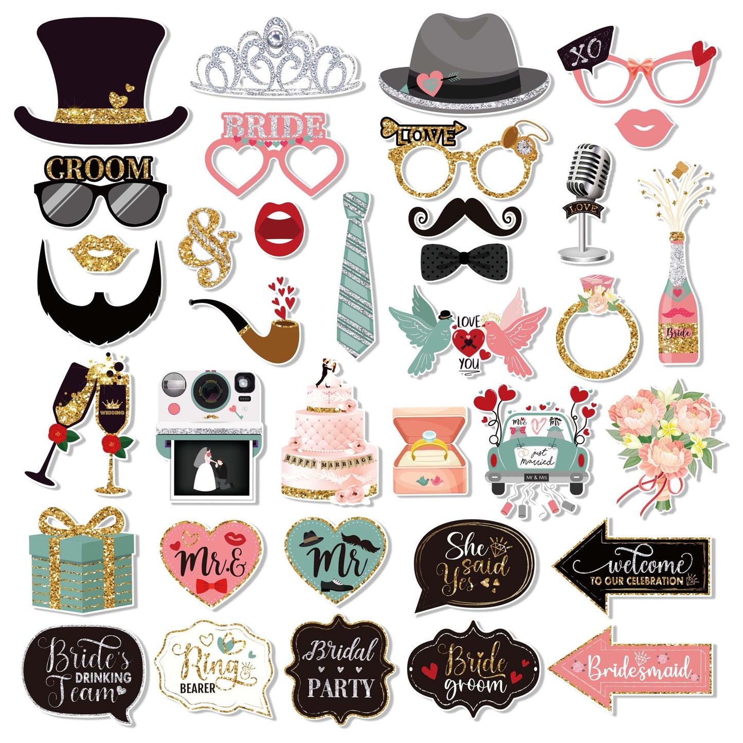 36 PCS Wedding Photo Booth Props Party Supplies Selfie SignsHoliday Picture Decorations Photo Booth Props for Weeding Party Favors Pose Sign Kit Fun for Party