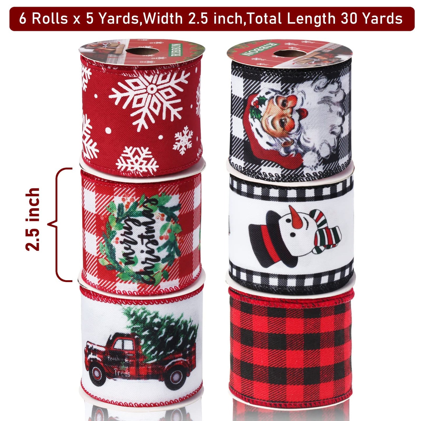 Vloso Christmas Ribbon Wired 2.5 Inch,6 Roll 30 Yards Christmas Wired Ribbon,Incl. Santa/Snowman/Snowflake/Buffalo Plaid Ribbon for Wreaths Bows Holiday Xmas Decor DIY Crafts