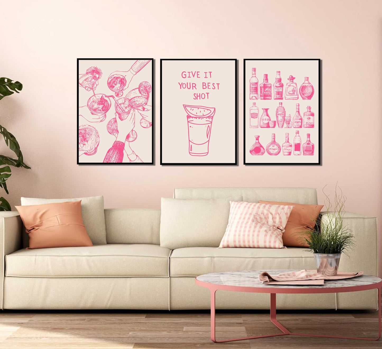 3Pcs Pink Bar Cart Wall Art Coquette Trendy Alcohol Bottles Poster Pictures Retro Cocktail Cheer Canvas Painting Girly Preppy Alcoholic Beverage Wall Decor Funky Cocktail Wiskey Prints Unframed