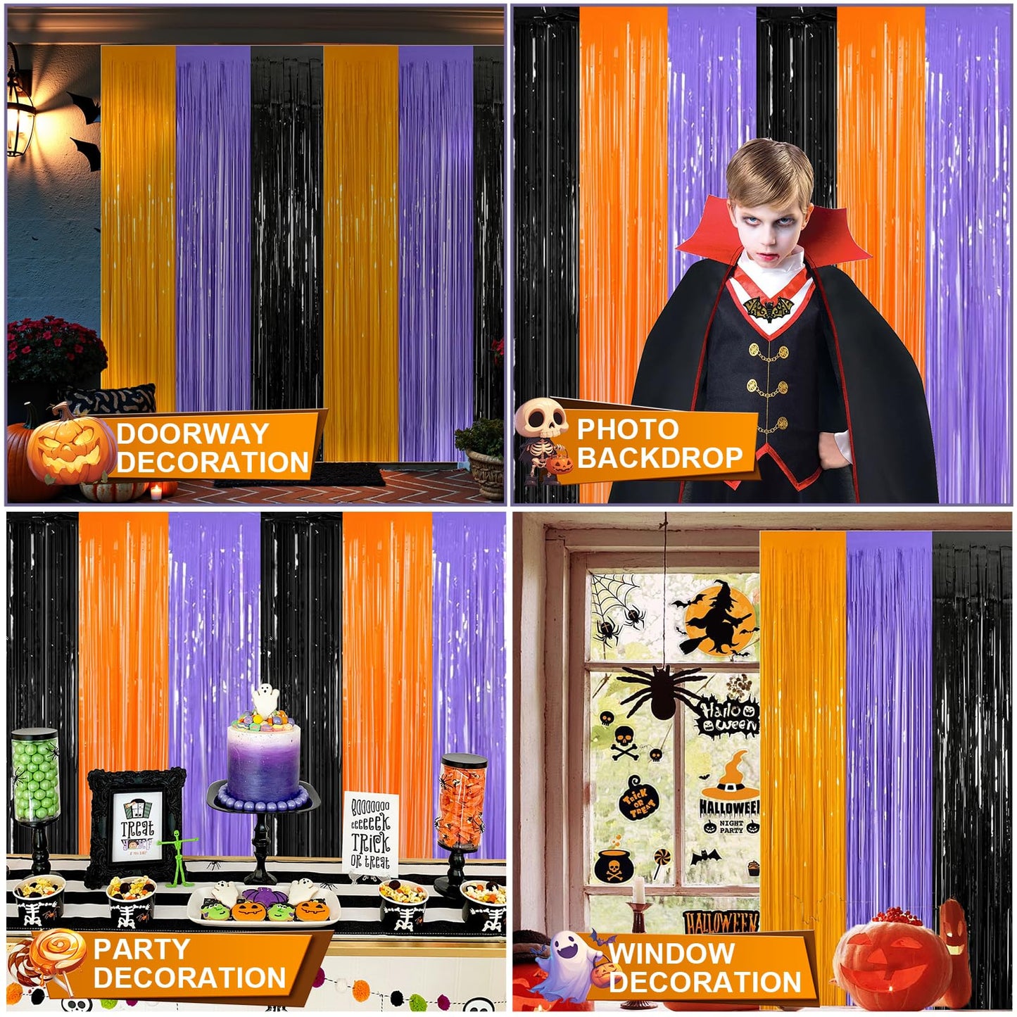 3 Packs 3.3ft x 6.6ft Orange Purple Black Metallic Tinsel Foil Fringe Curtains Photo Booth Props for Halloween Birthday Bridal Shower Baby Shower Bachelorette Holiday Celebration Party Decorations