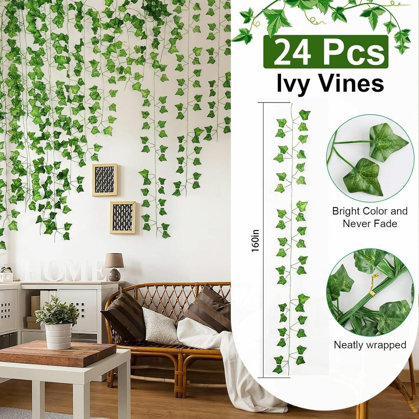 24 Pack 172 FT Artificial Ivy Garland Greenery Outdoor Faux Plants Leaf Garland Fake Vines for Bedroom Aesthetic Home Garden Office Wedding Wall Decor