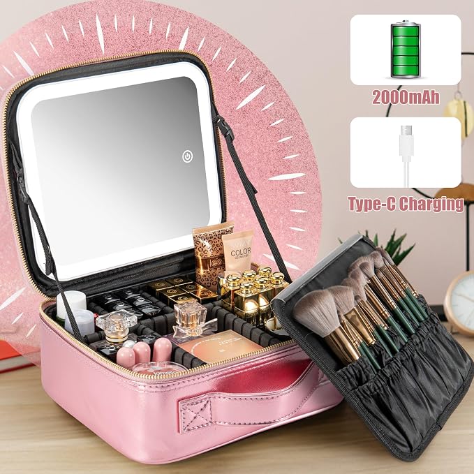 Extrei Gent Makeup Travel Train Case with Mirror LED Light 3 Adjustable Brightness Large Cosmetic Bag Portable Storage Adjustable Partition Waterproof Makeup Brushes Make up Jewelry Gift for Women