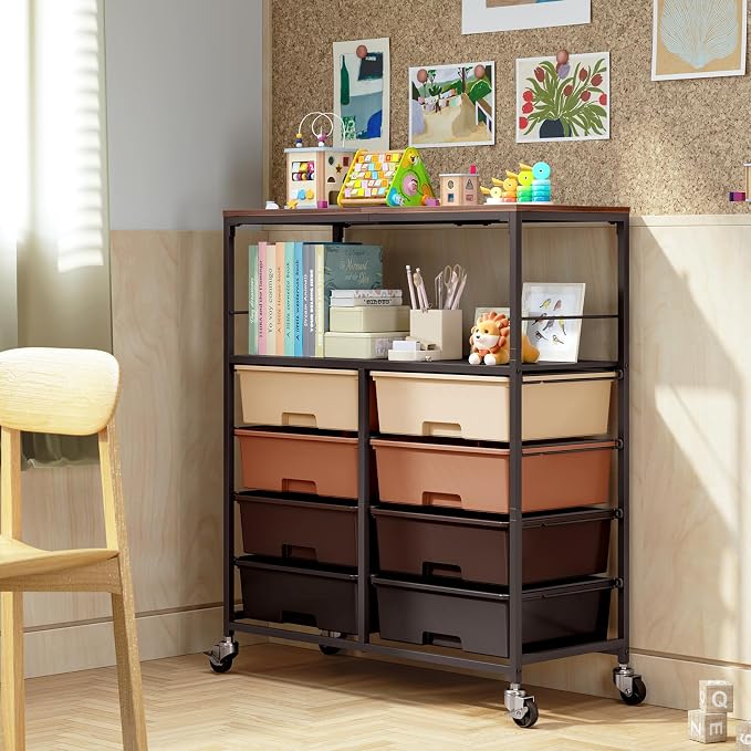Rolling cart with 8 drawers,Storage drawer cart with wooden tabletop,Lockable wheels organizer for homeschool, arts & crafts, classroom, office & creative spaces (Brown)