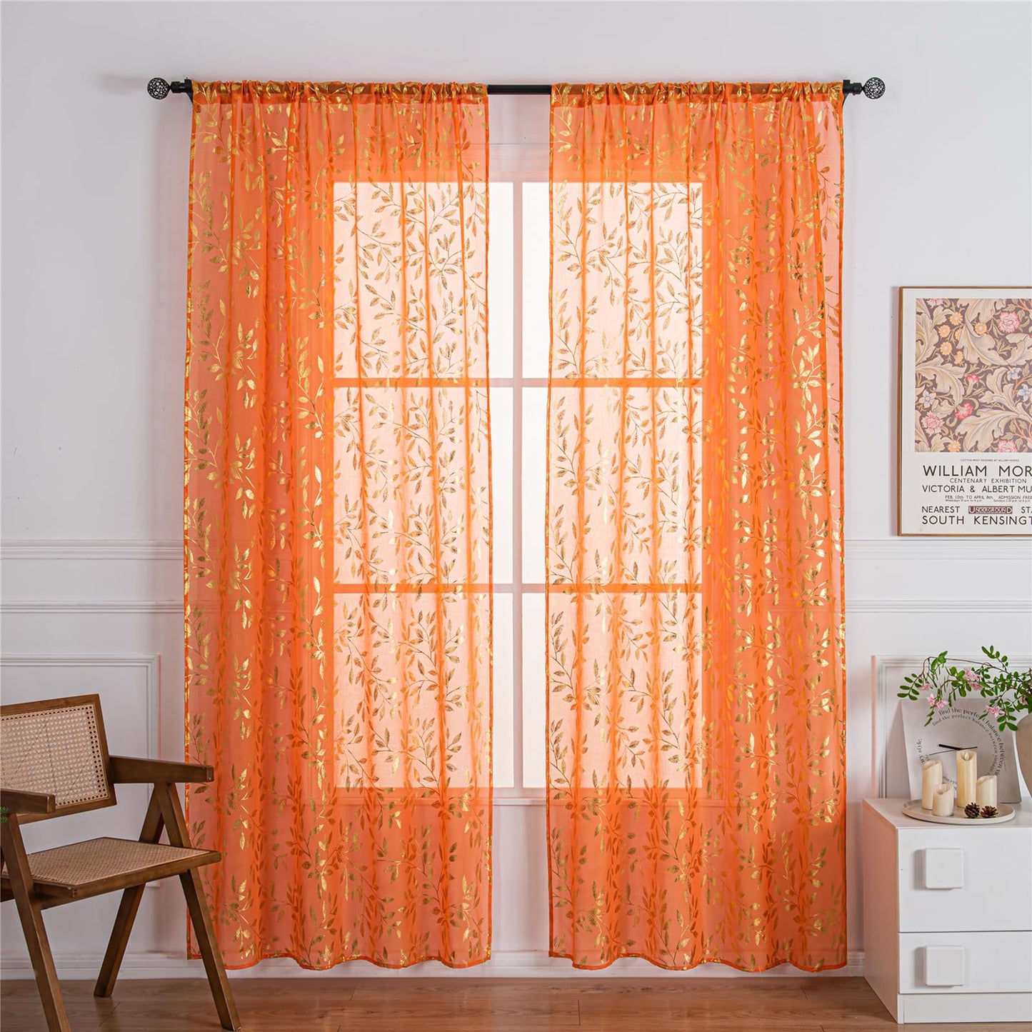 Deeprove Orange Burnt Sheer Curtains 84 inches Long 2 Panels for Bedroom Living Room, Abstract Metallic Gold Foil Vine Leaves Print Window Treatments Pair Set for Fall Halloween Decor, W52 x L84