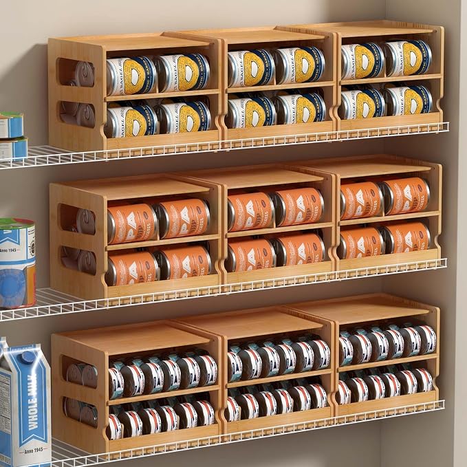 Teamkio Stackable Bamboo Cat Food Organizer, 2-Tier Adjustable FIFO Can Dispenser Space-Saving Storage, Holds Up to 36 Cans - Ideal for Pantry, Cabinet, Countertop