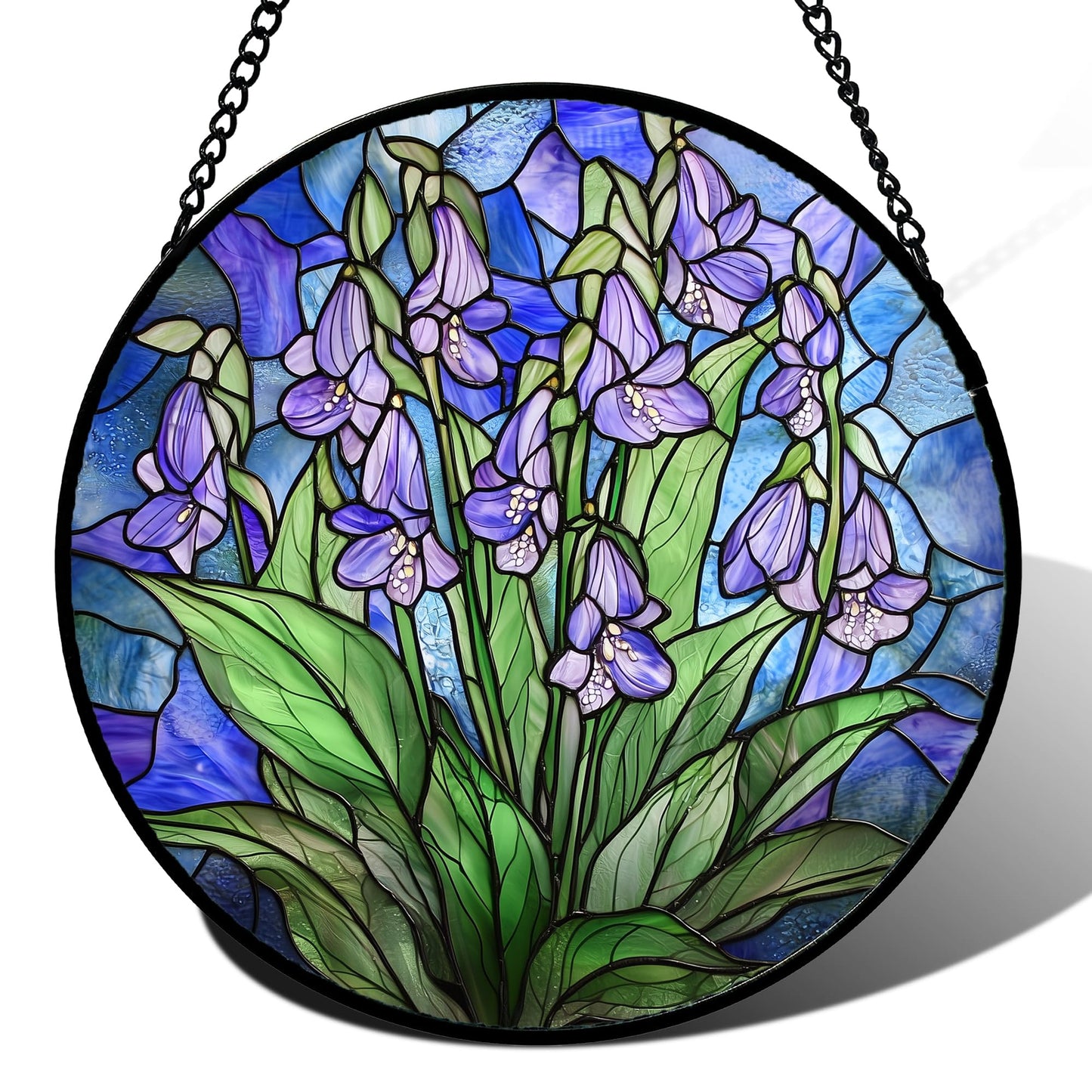 AMDERVEN Stained Glass Suncatcher, Blue Purple Flowers Green Leaves Sun Catcher Plants Stain Glass Window Hanging Decoration Mother's Day Birthday Gifts for Women Men Mom and Nana 7.8 in