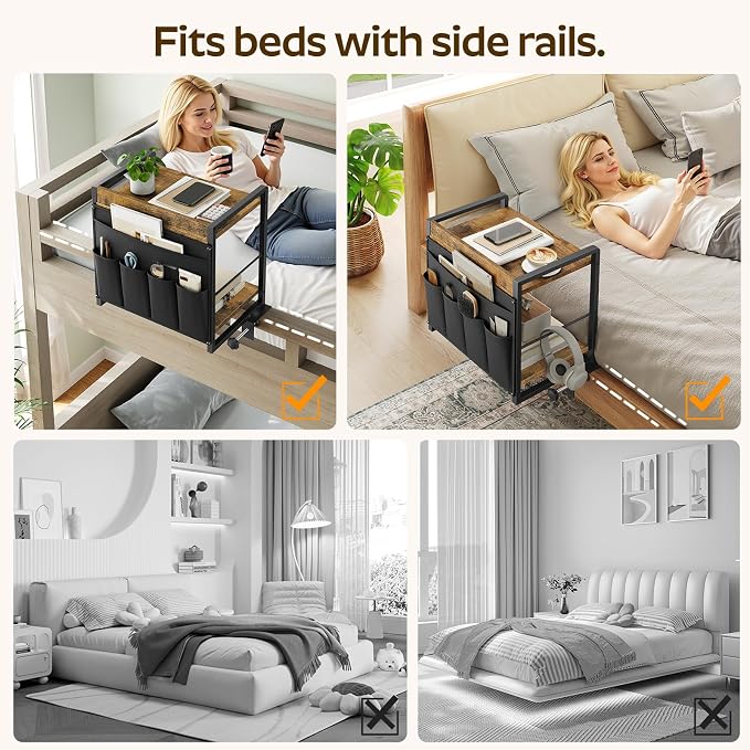 YATINEY Bedside Shelf, Bunk Bed Shelf with Storage, Clip-on Loft & Bunk Bed Tray Shelf, Nightstand for Sofa, College Dorm Room, Apartment, Rustic Brown and Black ET20BR