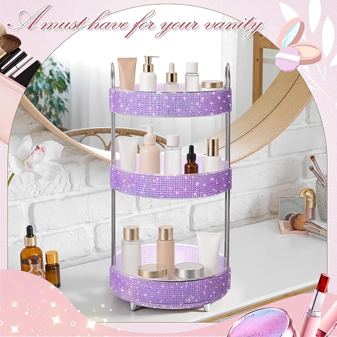 Honeydak 360 Rotating Perfume Organizer for Mother Day Nurse Day Rhinestone Bathroom Counter Organizer Makeup Holder Skincare and Perfume Storage for Cosmetic Countertop(3 Tiers,Resin Stone,Purple)