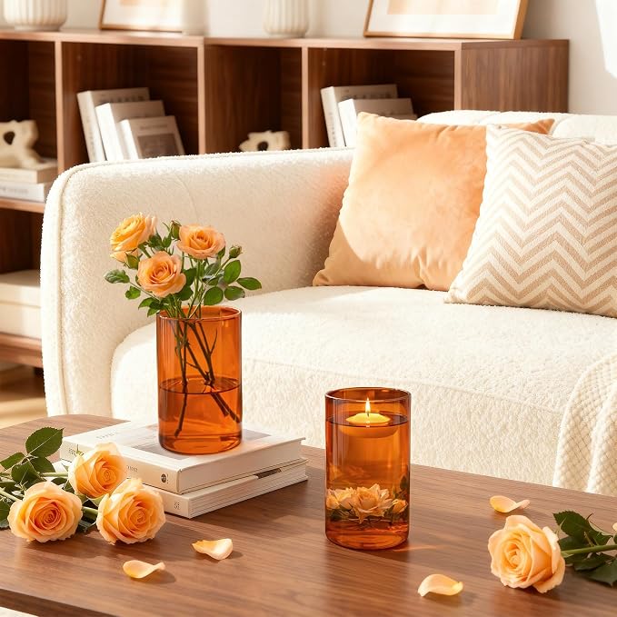 TBWIND 12pcs Amber Glass Cylinder Vases for Centerpieces, 6 Inch Bulk Flower Vases for Wedding Decorations, Hurricane Candle Holder for Floating Candles and Table Home Decor