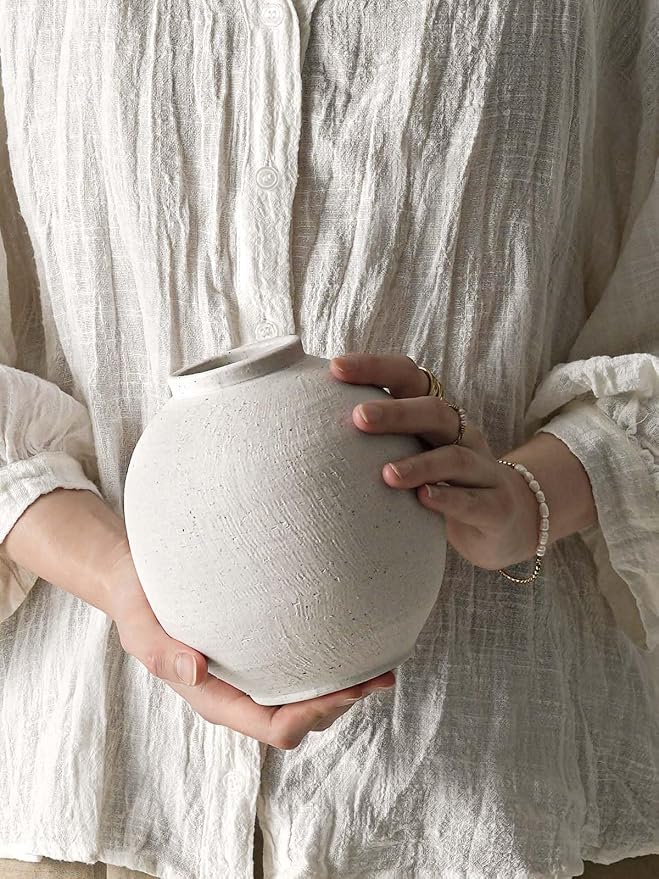 Small White Ceramic Vase - 6.3 Inch Rustic Farmhouse Flower Vase for Home Decor, Minimalist Vases for Living Room, Table, Bathroom, Holiday & Weddings (Sandstone White)
