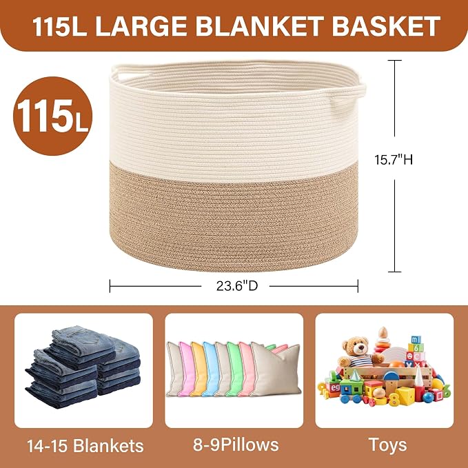 Foldable Laundry Hamper Basket with Collapsible Handle Cotton Rope Soft Woven Fabric Storage Organizer Clothes Toys Nursery Bedroom Dorm Space Saving Bin (White & Brown, 115L(23.6"D x 15.7"H))