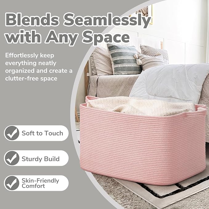 Goodpick Large Blanket Basket, Woven Baskets for Storage, Large Baskets for Organizing, Rectangle Toy Basket for Nursery, Bedroom, 21.6" x 14.9" x 11.8", Pink