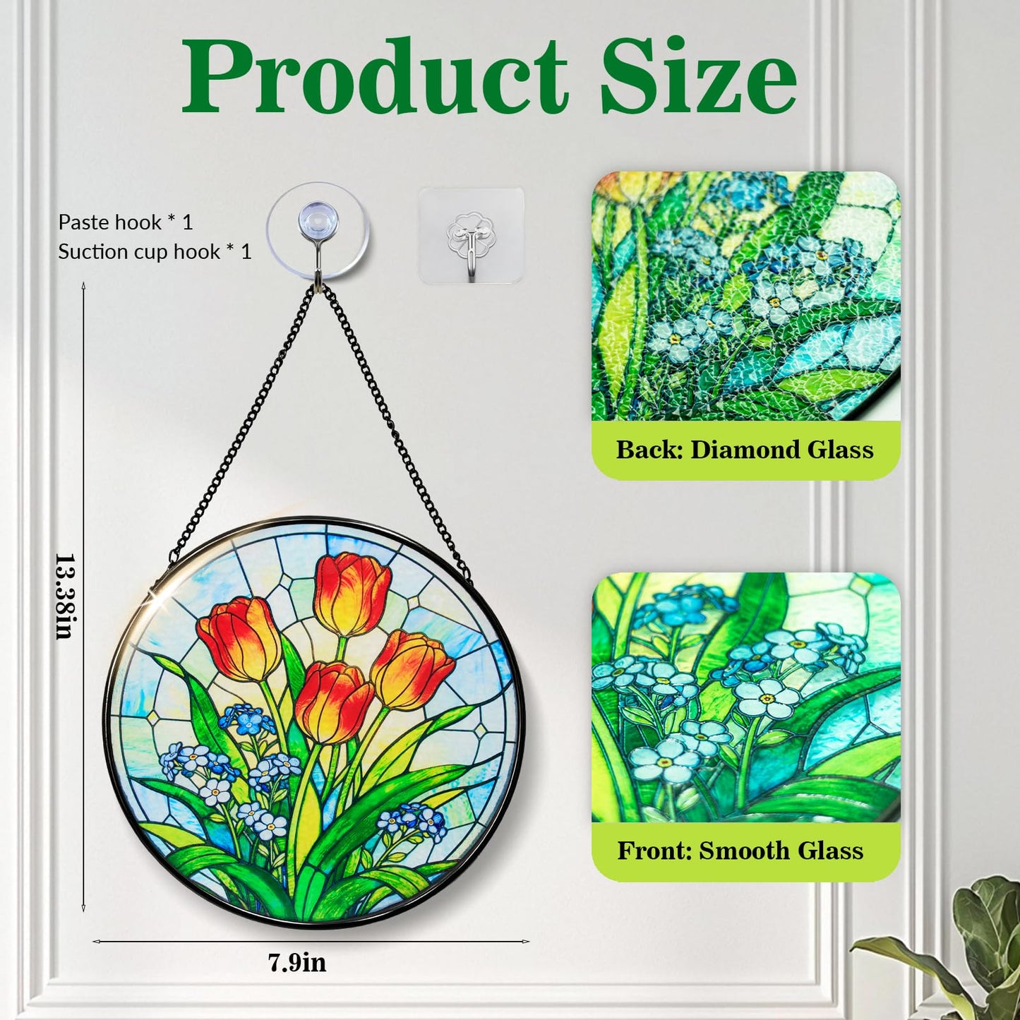 Katinyos 8 Inch Stained Glass Window Hanging, Sun Catcher with Metal Chain and Hooks, Decorative Stained Glass Panel for Garden & Patio (Tulip)