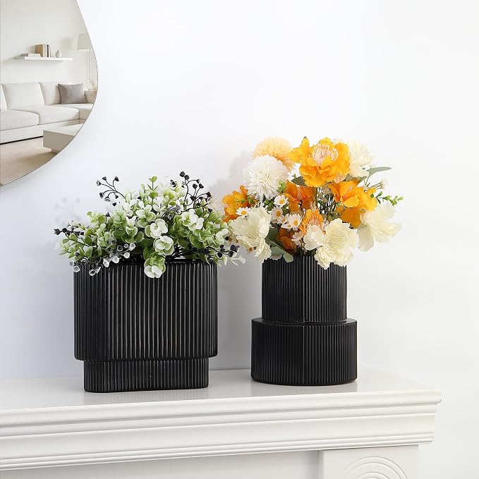 Black Glass Vases, Set of 2 Ribbed Glass Vases for Flowers, Modern Vase for Tulips, Black Vase for Living Room, Dining Table, Office, Entryway, Mantle, Bookshelf, Wedding Gifts