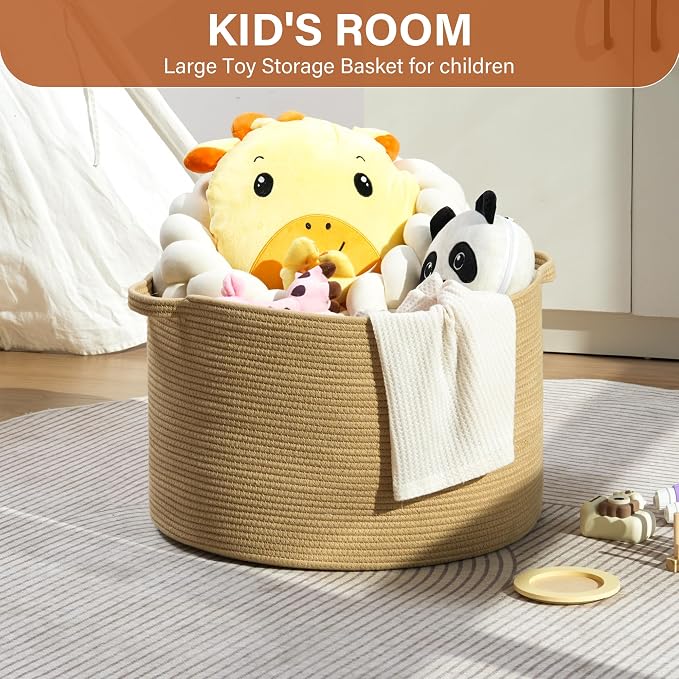 Foldable Laundry Hamper Basket with Collapsible Handle Cotton Rope Soft Woven Fabric Storage Organizer Clothes Toys Nursery Bedroom Dorm Space Saving Bin (Camel, 115L(23.6"D x 15.7"H))