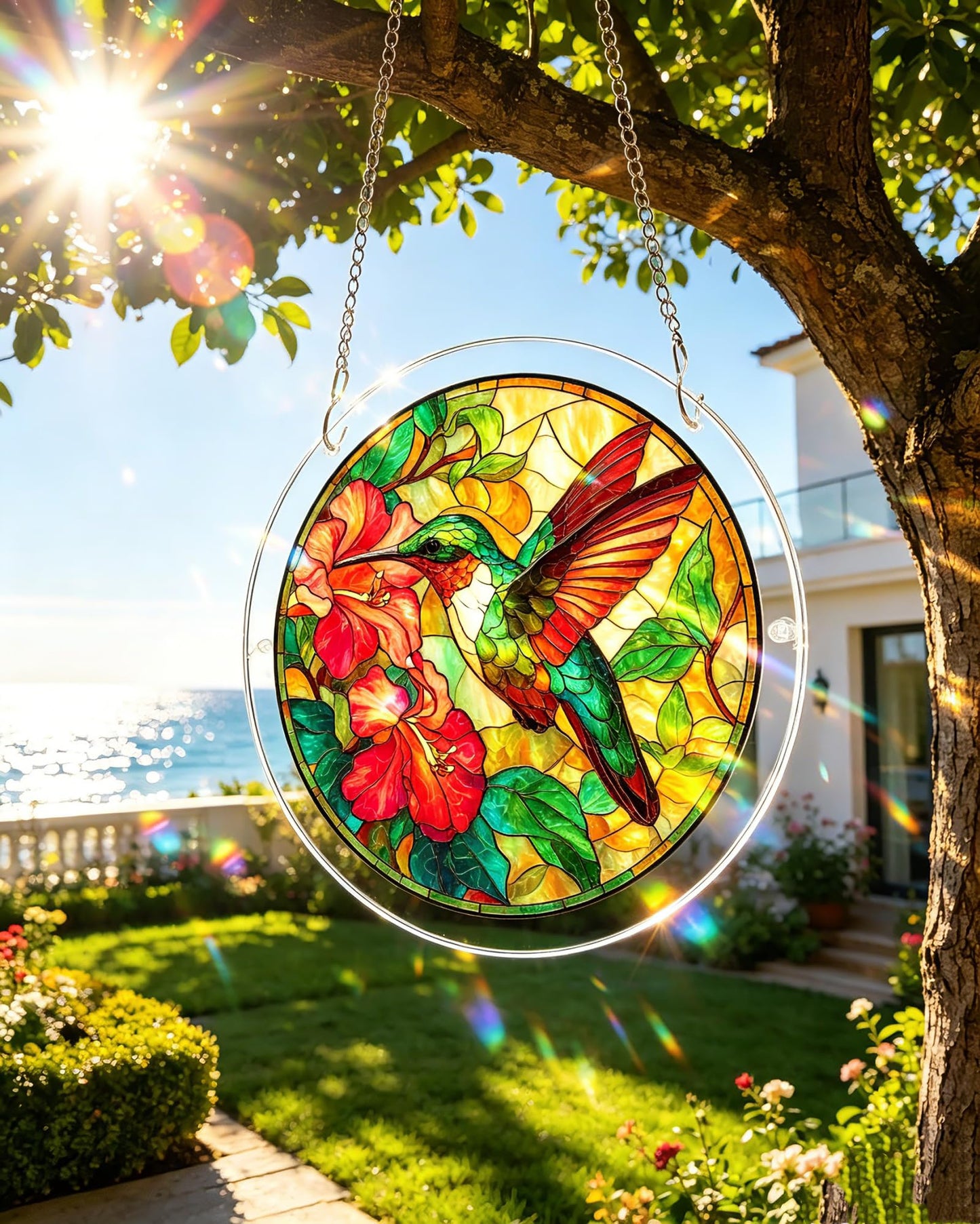 FINEED Acrylic Jigsaw Puzzle Suncatcher, 83 Pcs Stained Glass Window Hanging, Emerald Flame Hummingbird DIY Sun Catcher with Metal Chain, Garden Home Decor, Creative Gift for Women Mom Wife Grandma