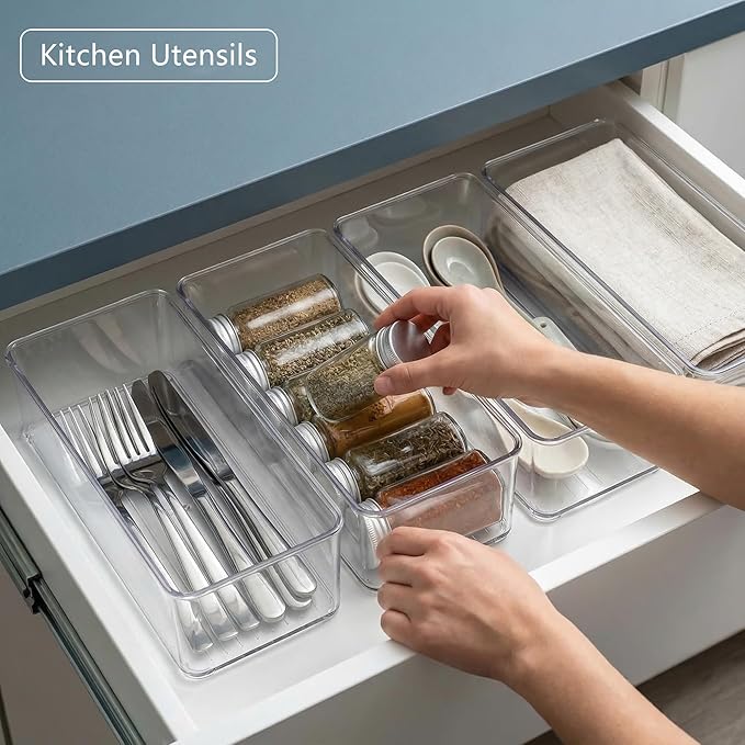 Qilinba 8 PACK Drawer Organizers Deep Drawer Organizer Bins Silverware Organizer Clear Stackable Storage Bins for Bathroom, Pantry, Office, Vanity, Desk Organization and Storage