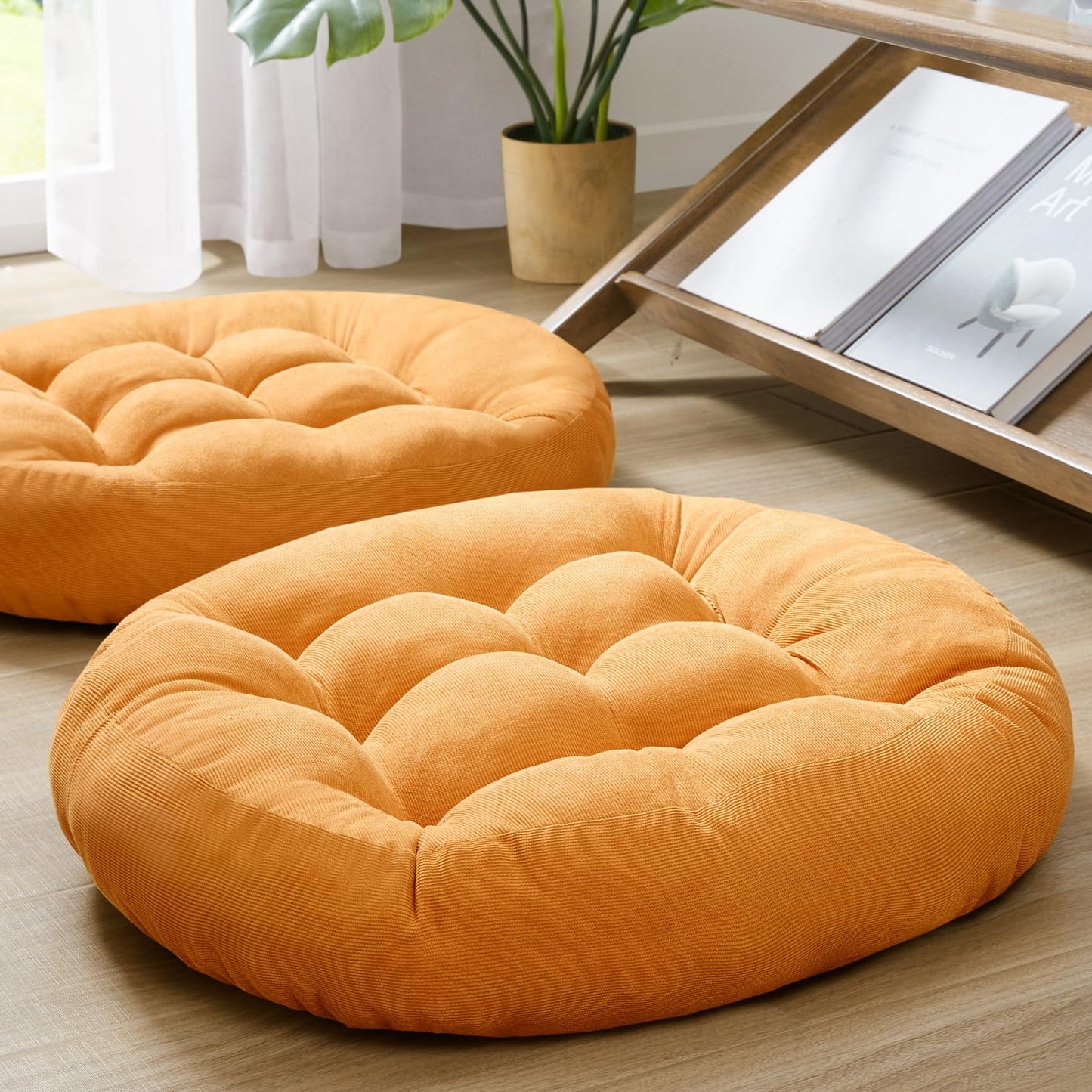 Floor Cushion Pillow Set of 2, Round Large Pillows Seating for Adults, Tufted Corduroy Cushions for Living Room Tatami, Orange Yellow, 22 Inch