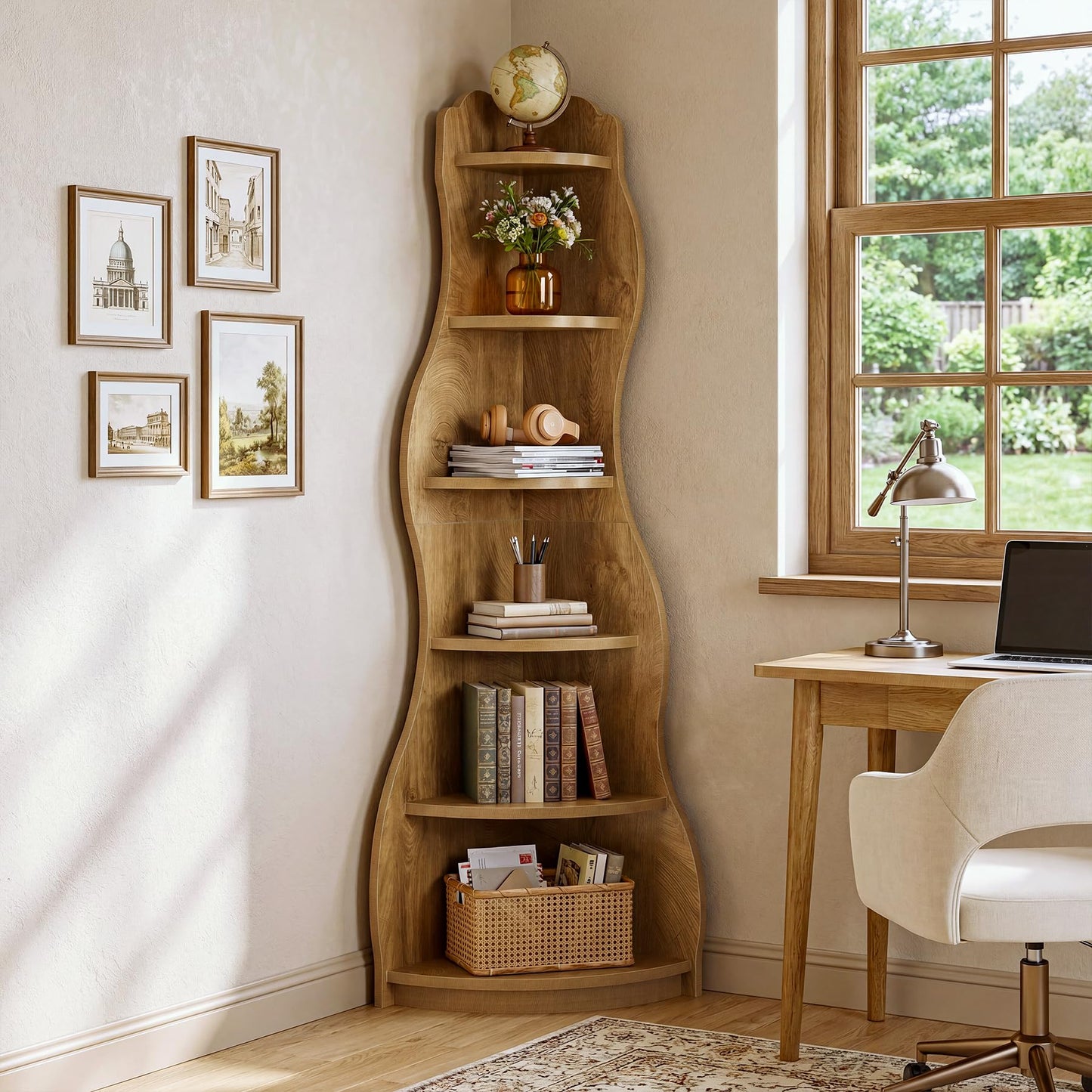 Tribesigns Modern Wavy Corner Shelf, 68.9-Inch 6-Tier Wall Corner Display Bookshelf, Unique Tall Bookcase Storage Rack Plant Stand for Small Space, Living Room, Home Office, Bedroom, Rustic