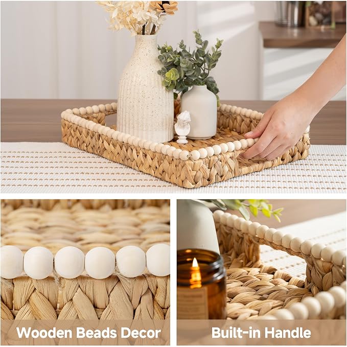 StorageWorks Rectangle Decorative Trays for Home Decor Farmhouse, Wicker Coffee Table Tray Decor with Wooden Beads and Handles, Large Woven Dining Room Decor Tray for Kitchen Counter, Living Room