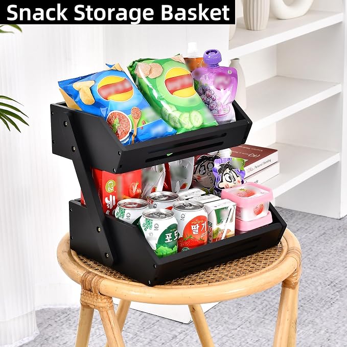 VIKEYHOME Kitchen Organizer with 2-Tier Bamboo Fruit Basket – Large Capacity, Space-Saving Fruit & Veggie Stand for Countertop, Snack Holder, Natural & Sturdy 15mm Thick Design