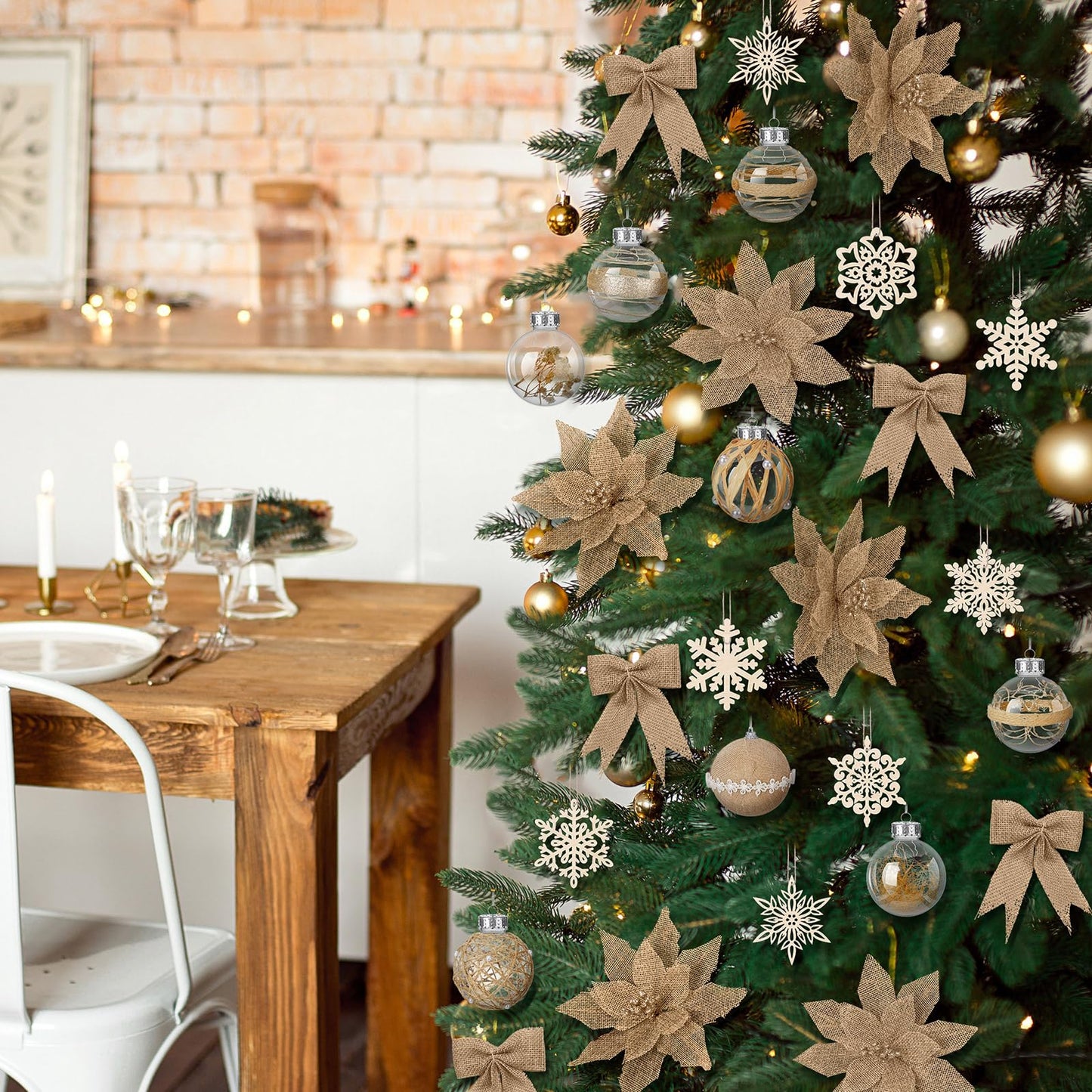 Soulchen Boho Christmas Tree Ornaments Set-40 Pcs Burlap Christmas Tree Decorations Jute Rustic Neutral Skirt Topper Bows Ball Poinsettia Snowflake Hanging Ornament Bulk for Farmhouse Xmas Party Decor
