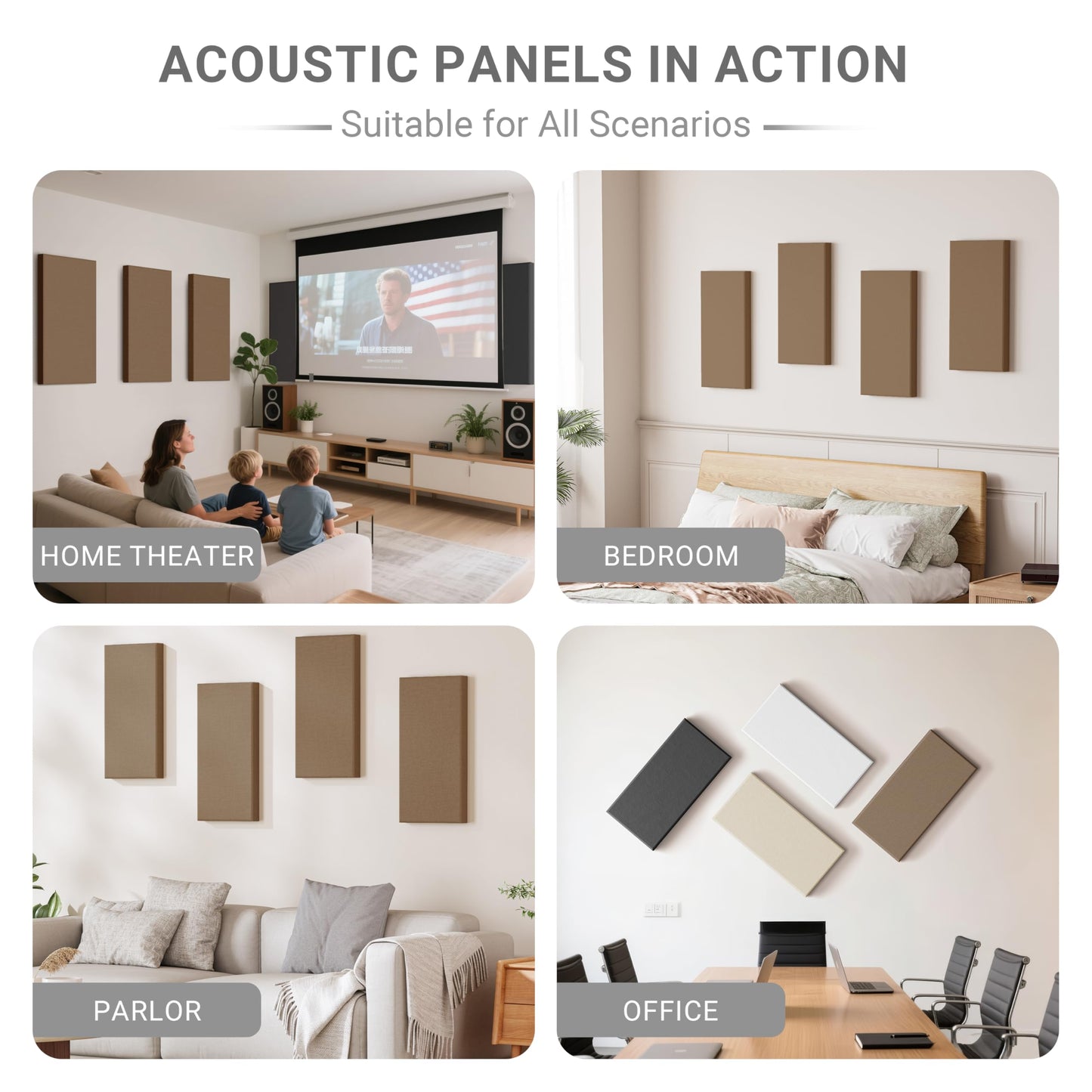 4 Pack High-Density Core with Fabric Cover Acoustic Panels – 24×12×2 In Self-Adhesive Soundproofing and Sound-Absorbing Wall Panels for Echo Reduction in Studio, Theater, or Recording (Mocha Brown)