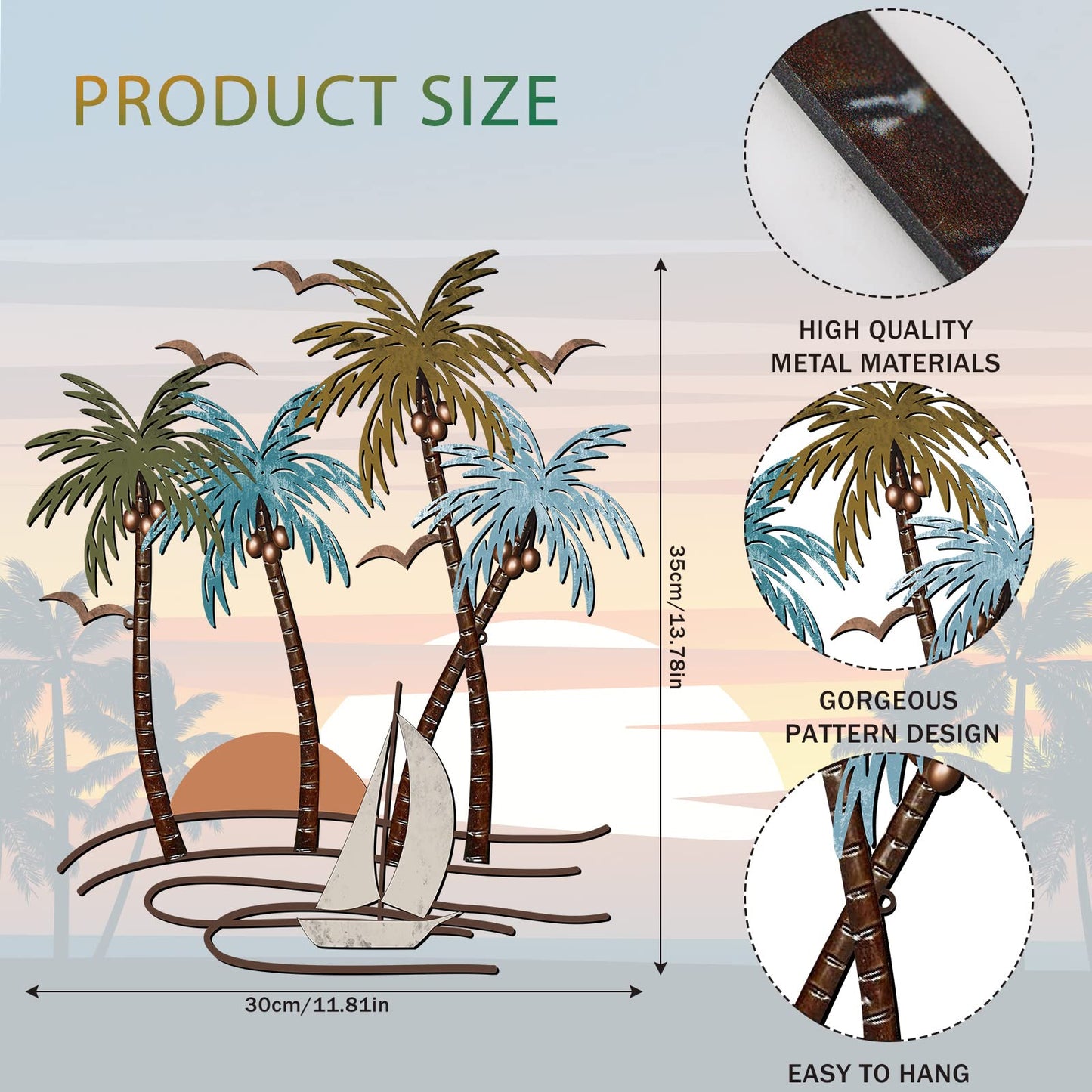 Shimeyao Coastal Metal Wall Art Palm Tree Metal Wall Art Outdoor Beach Bathroom Decor Tropical Tree Sculptures for Indoor Outdoor Decor(Sailboat)