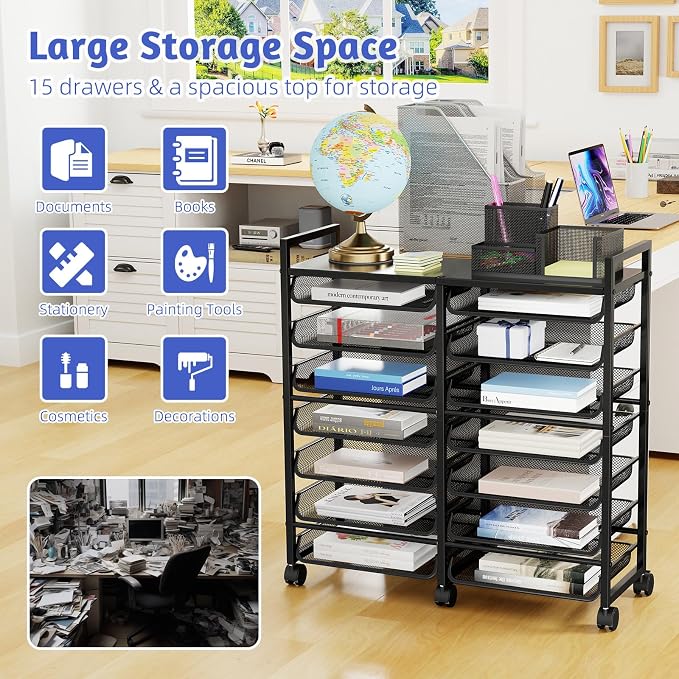 Simple Trending 15-Tier Rolling File Cart, Desk File Organizer with 14 Mesh Sliding Trays, Letter & Legal Paper Storage Rolling Utility Cart for Office Home School, Black