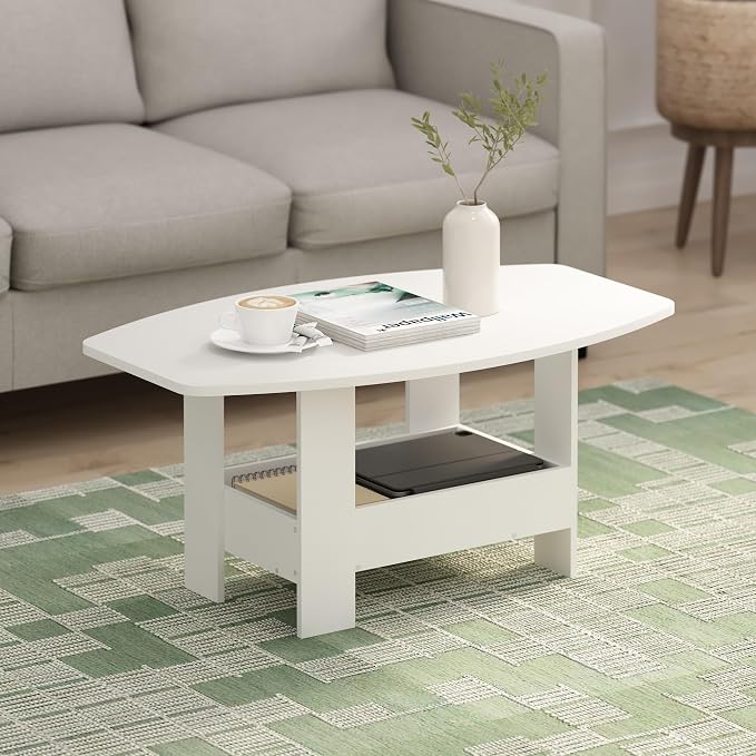 Furinno Simple Design Coffee Table, 2-Tier Modern Center Table with Lower Shelf, Round Corner Side Table, for Living Room, Bedroom, Home Office, White