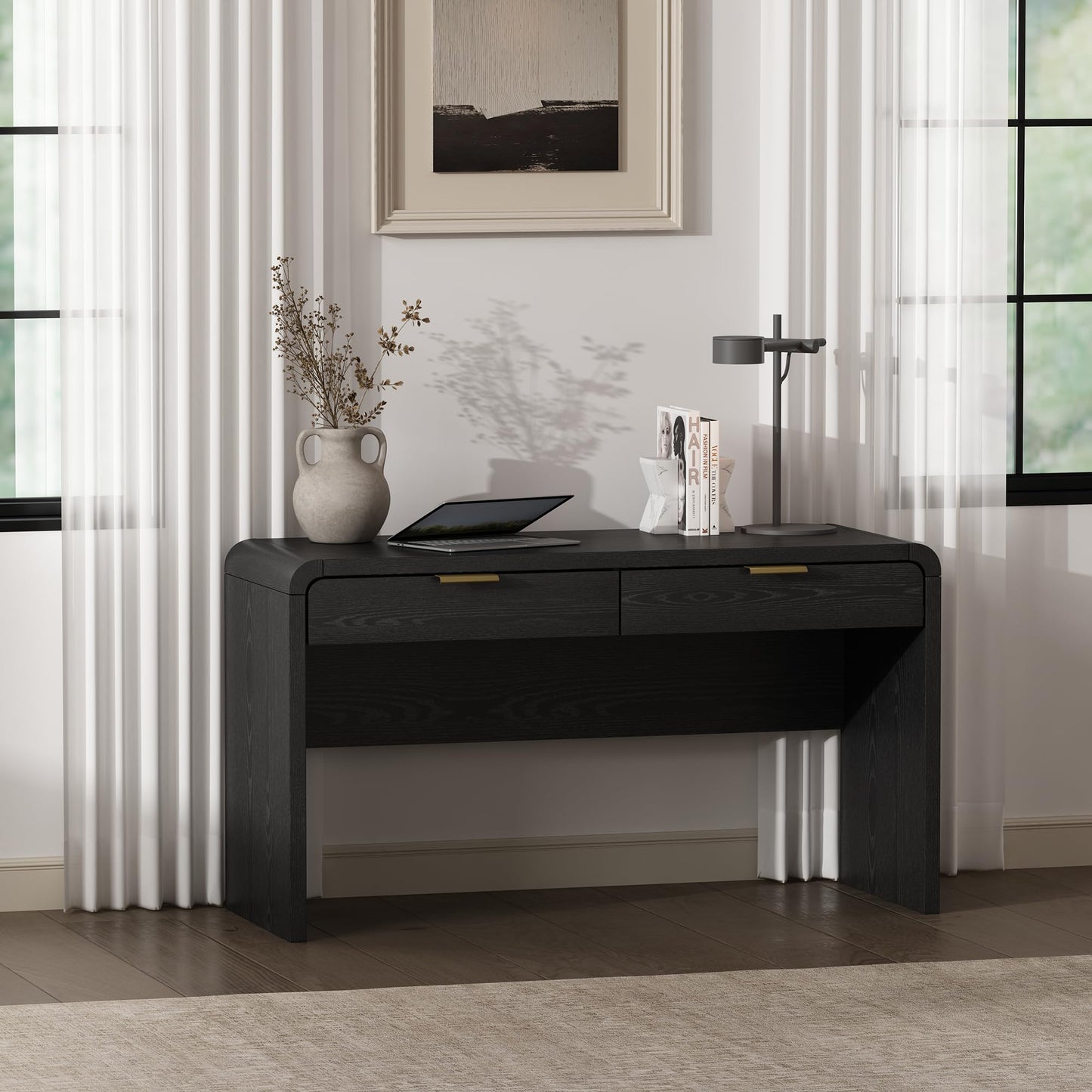 Manhattan Comfort Grace 54" Modern Office Desk with 2 Drawers, Wood Table with Metal Recessed Handles for Work from Home, Study, Craft, Stylish Executive Desk, Black and Gold