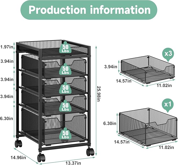 keomaisyto 5-Tier Kitchen Storage Cart with Top Basket & Drawers, Fruit and Vegetable Storage Rack on Wheels, Metal Rolling Cart with Drawers & Kitchen Organization for Snacks, Potatoes, Onions, Cans
