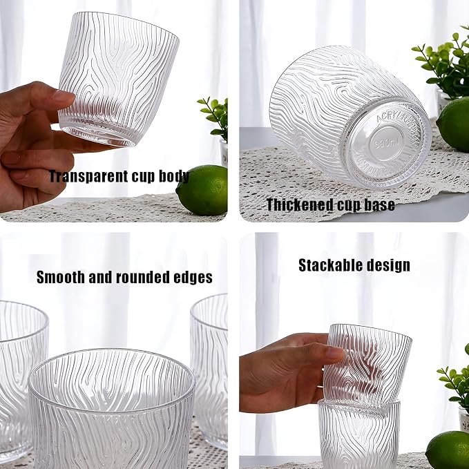 4 PCS Clear Acrylic Drinking Cups Reusable, Plastic Drinking Glasses, Acrylic Glasses Drinkware Stackable, Unbreakable Water Tumblers, Premium Textured, BPA Free, Dishwasher Safe, 330 ml/11.2 oz