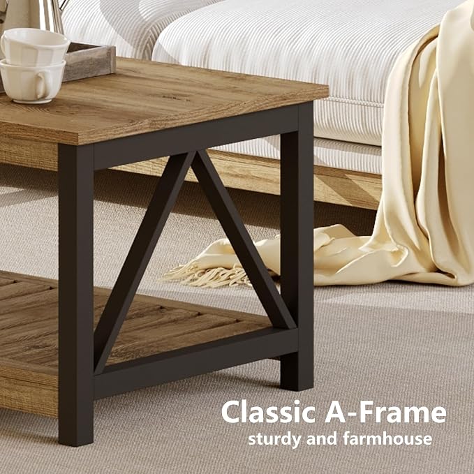 ChooChoo Farmhouse Coffee Table with 2-Tier Storage, 40-Inch Rectangular Wooden Center Table for Living Room, Rustic Oak & Black