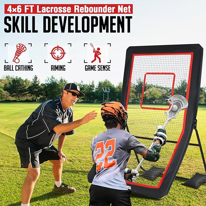 Lacrosse Rebounder, 4x7FT/4x6FT Lacrosse Rebound for Backyard with 5 Rebound Angles, Target Strip, Bounce Back Net Perfect for Lax Baseball Volleyball & Soccer Practice