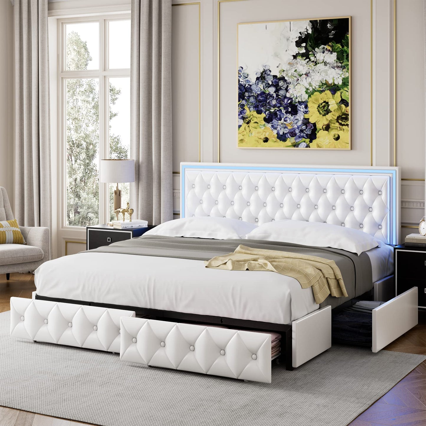 Keyluv Queen Upholstered LED Bed Frame with 4 Drawers, PU Leather Platform Storage Bed with Adjustable Button Tufted Headboard and Solid Wooden Slats Support, No Box Spring Needed, White