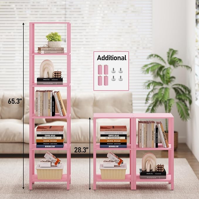 TUTOTAK Bookshelf, 6-Tier Tall Book Shelf, Narrow Bookcase for Small Space, DIY Stackable Bookshelf, for Living Room, Office, Study, Entryway, Industrial, Pink BS01BP006