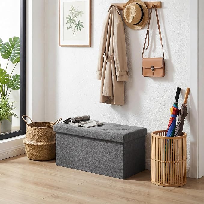 DUMOS 30 Inch Folding Storage Ottoman Bench, Large Hidden Storage Chest withThicker Foam Padded Seat, End of Bed Foot Rest Stool for Bedroom Living Room Entryway, Load 660 lbs, Grey
